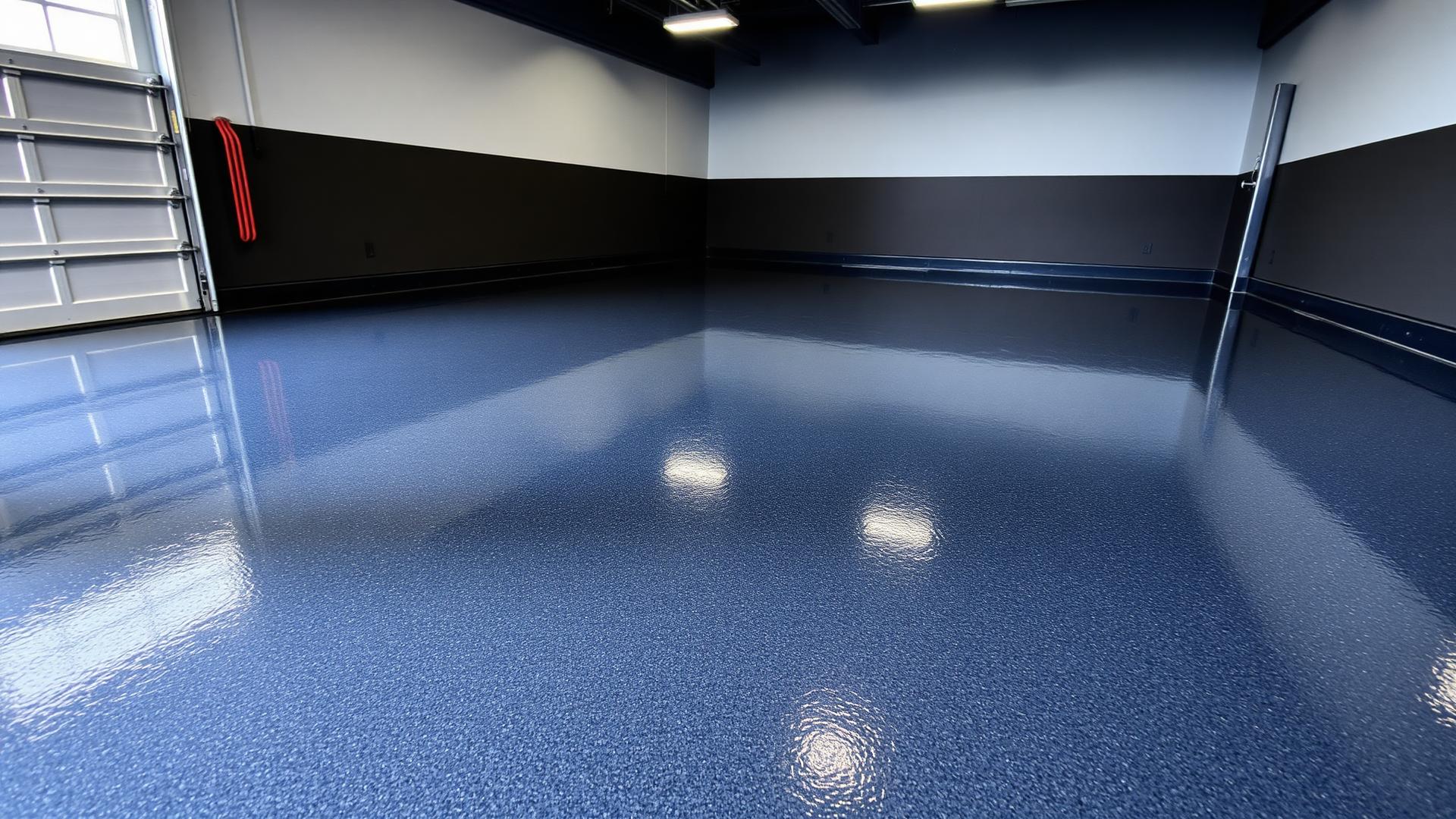 Glossy metallic epoxy floor in a finished Gold Coast garage